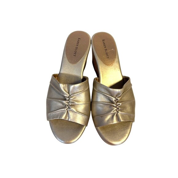 Karen Scott Metallic Gold Slide Wedge Sandals Cork Heel & Ruched Detail Size 7.5 - Picture 1 of 10